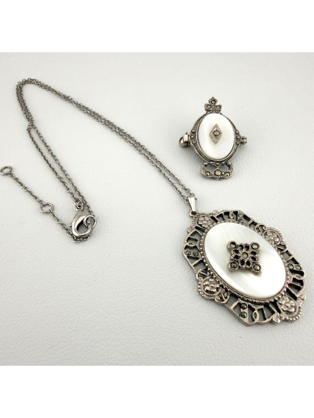 1928 Pendant Necklace Brooch Marcasite Victorian Revival Silver Tone Faux MOP